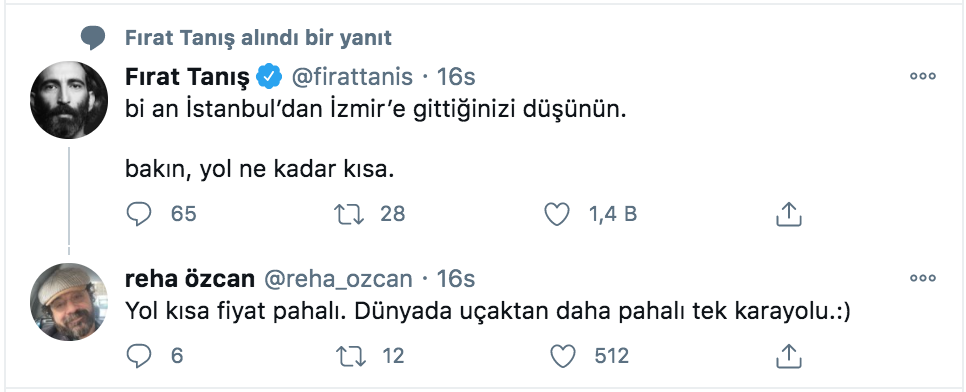 reha ozcan firat tanis istanbul izmir otoyol fiyati